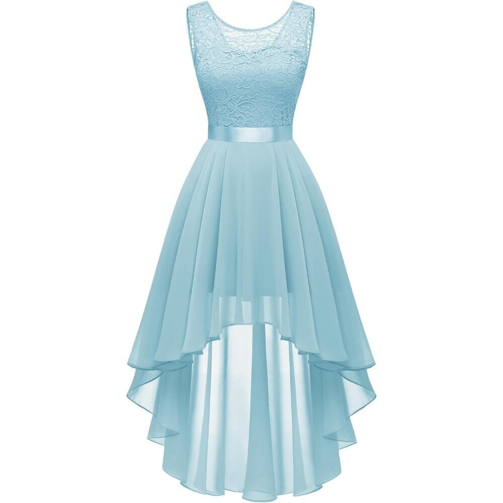 BeryLove Women Light Blue Chiffon Scoop Neck Sleeveless Lace Cocktail Dress